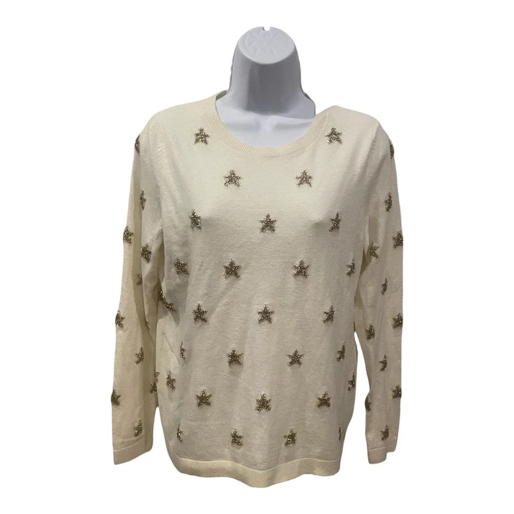 Talbots‎ Womens Cream Gold Tinsel Star Embroidered Crewneck Sweater M Holiday
